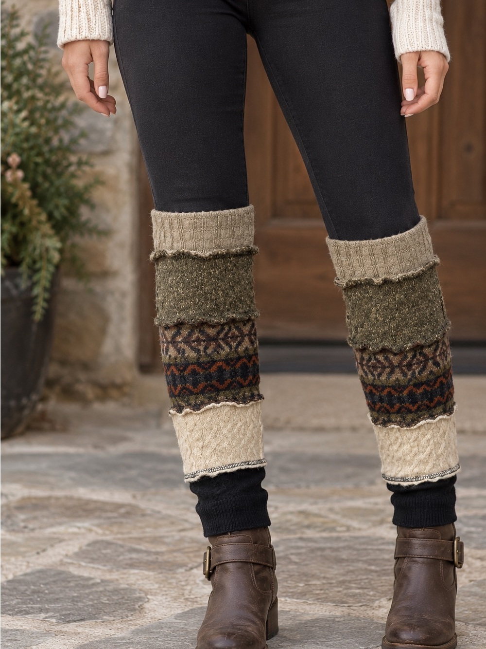 WOOL-A-FIBERS Layered Wool Knit Leg Warmers Earth Tones Fair Isle Cable Boho Y2K